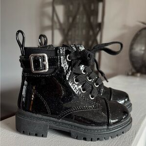 Girls Black and Glitter Patent Leather Boots